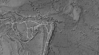 Niuafo 'ou tektonik plakasının alanı Patterson silindirik projeksiyonunda gri tonlama yükseklik haritasında katı bir çizgi ile işaretlenmiş.