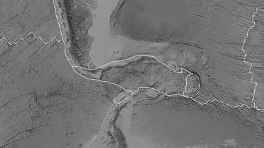 Scotia tektonik plakasının, Patterson silindirik projeksiyonunda gri tonlama yükseklik haritasında katı bir çizgi ile işaretlenmiş alanı