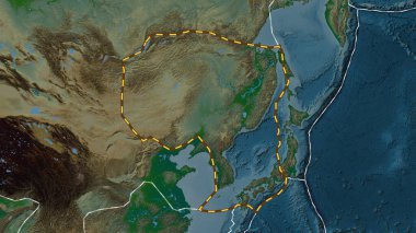 Amur tektonik plakasının Patterson silindirik projeksiyonunda renkli bir yükseklik haritasında çizilmiş bir çizgi alanı