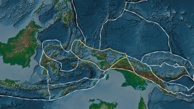 Kuş başlı tektonik plaka alanı Patterson silindirik projeksiyonunda renkli bir yükseklik haritasında katı bir çizgi ile işaretlenmiştir.
