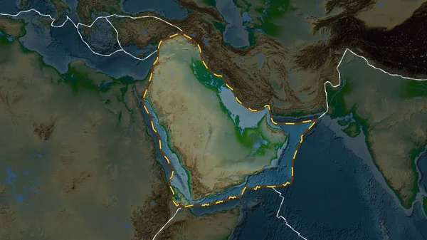 Area of the Arabian tectonic plate marked with a dashed line against the background of a darkened colored elevation map in the Patterson Cylindrical projection