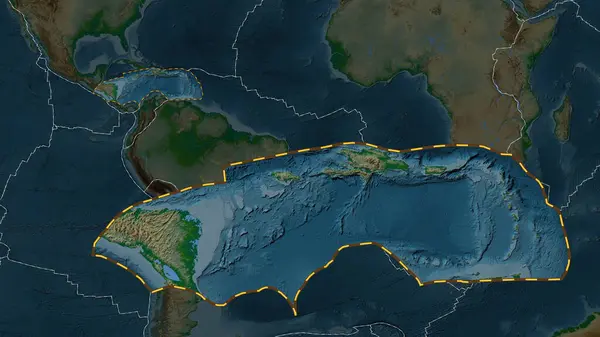 Area of the Caribbean tectonic plate outlined and extracted from a global colored elevation map in the Patterson Cylindrical projection