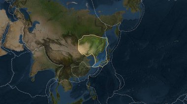 Patterson silindirik projeksiyonunda uydu haritasında Amur plakasının yanındaki alanların tektonik plakalar sınırları