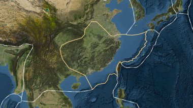 Yangtze tektonik levhasının alanı Patterson silindirik projeksiyonunda uydu görüntüleme haritasında sağlam bir çizgi ile işaretlenmiş.