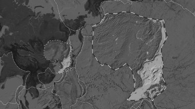 Amur tektonik plakasının alanı Fahey projeksiyonunda küresel bir bileklik yükseklik haritasından özetlendi ve çıkarıldı