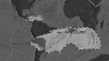Karayipler 'in tektonik plakasının alanı Fahey projeksiyonunda küresel bir bilek yüksekliği haritasından çıkarıldı ve özetlendi.