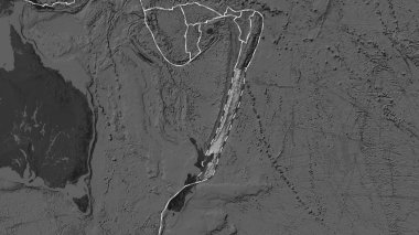 Kermadec tektonik plakasının alanı Fahey projeksiyonundaki koyu bir bilek yükseklik haritasının arka planına çizilmiş bir çizgi ile işaretlenmiştir.