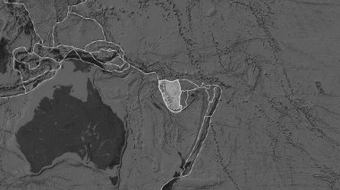 Fahey projeksiyonunda, bilek haritasında Yeni Hebrides plaka alanına komşu bölgelerin tektonik plakalar sınırları