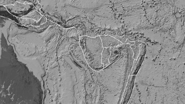 Yeni Hebrides tektonik plakasının alanı Fahey projeksiyonunda bir bilek yükseklik haritasında katı bir çizgi ile işaretlenmiştir.