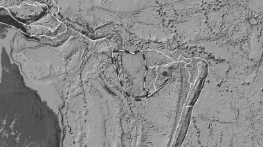 New Hebrides tektonik plakasının alanı Fahey projeksiyonunda bilek yüksekliği haritasında çizilmiş bir çizgi ile işaretlenmiş.