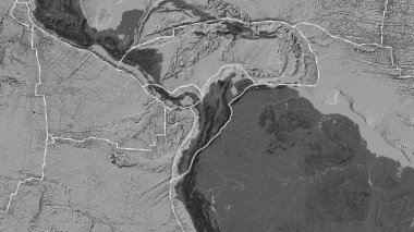 Kuzey And tektonik plakasının alanı Fahey projeksiyonunda bir bilek yükseklik haritasında katı bir çizgi ile işaretlenmiştir.