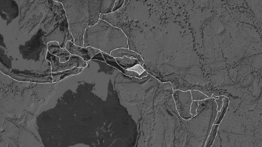 Fahey projeksiyonundaki bilek haritasında Solomon Denizi 'ne komşu bölgelerin tektonik plakaları.