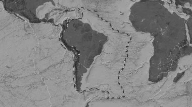 Güney Amerika tektonik plakasının alanı Fahey projeksiyonunda bir bilek yükseklik haritasında çizilmiş bir çizgi ile işaretlenmiş.
