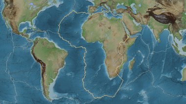 Afrika tektonik tabakasının alanı Fahey projeksiyonundaki soluk renkli yükseklik haritasında katı bir çizgi ile işaretlenmiş.