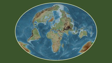 Fahey projeksiyonunda dünyanın soluk renkli yükseklik haritası Ege Denizi tektonik plakasının merkezine dönüştürüldü