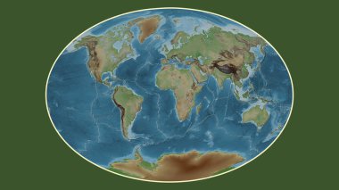 Fahey projeksiyonunda dünyanın soluk renkli yükseklik haritası Afrika tektonik plakasının merkezine dönüştürüldü