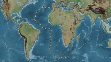 Afrika tektonik plakasının alanı Fahey projeksiyonundaki soluk renkli yükseklik haritasında çizilmiş bir çizgi ile işaretlenmiş.