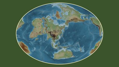 Fahey projeksiyonunda dünyanın soluk renkli yükseklik haritası Amur tektonik plakasının merkezine dönüştürüldü