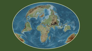 Fahey projeksiyonunda dünyanın soluk renkli yükseklik haritası Anadolu tektonik plakasının merkezine dönüştürüldü