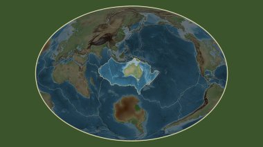 Fahey projeksiyonundaki topografiksel haritada Avustralya plaka alanına komşu bölgelerin tektonik plakalar sınırları