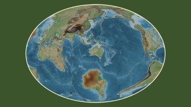 Fahey projeksiyonunda dünyanın soluk renkli yükseklik haritası Avustralya tektonik plakasının merkezine dönüştürüldü