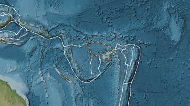 Balmoral Resifi tektonik plakasının alanı Fahey projeksiyonundaki soluk renkli yükseklik haritasında çizilmiş bir çizgi ile işaretlenmiş.