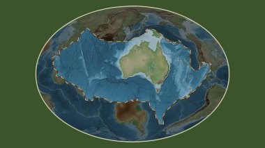Avustralya tektonik plakasının alanı Fahey projeksiyonundaki küresel soluk renkli yükseklik haritasından çıkarıldı ve özetlendi.