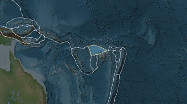 Fahey projeksiyonundaki topografiksel haritada Balmoral Resif plakasının yakınındaki alanların tektonik plakalar sınırları
