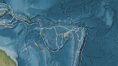 Balmoral Resifi tektonik plakasının alanı Fahey projeksiyonundaki soluk renkli yükseklik haritasında katı bir çizgiyle işaretlenmiş.