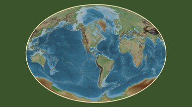Fahey projeksiyonunda Dünya 'nın soluk renkli yükseklik haritası Karayip tektonik plakasının merkezine dönüştürüldü