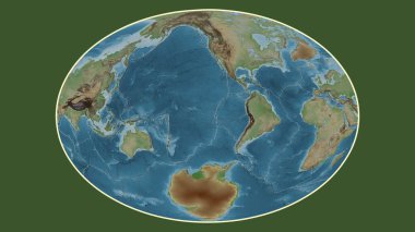 Paskalya tektonik plakasının merkezine dönüştürülmüş Fahey projeksiyonunda dünyanın soluk renkli yükseklik haritası