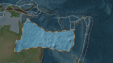 Futuna tektonik plakasının alanı Fahey projeksiyonundaki küresel soluk renkli yükseklik haritasından çıkarıldı ve özetlendi