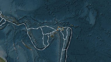 Futuna tektonik plakasının alanı, Fahey projeksiyonunda koyu renkli bir yükseklik haritasının arka planına çizilmiş bir çizgi ile işaretlenmiş.