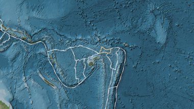 Futuna tektonik plakasının alanı Fahey projeksiyonunda soluk renkli bir yükseklik haritasında katı bir çizgiyle işaretlenmiş.
