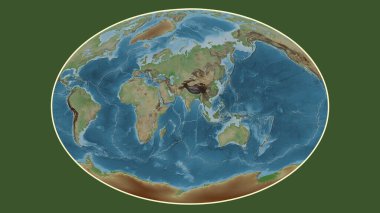 Fahey projeksiyonunda dünyanın soluk renkli yükseklik haritası Hint tektonik plakasının merkezine dönüştürüldü.