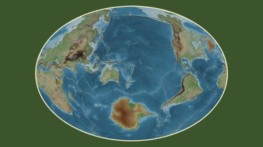 Fahey projeksiyonunda dünyanın soluk renkli yükseklik haritası Kermadec tektonik plakasının merkezine dönüştürüldü