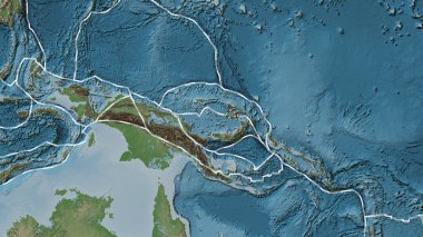 Manus tektonik plakasının alanı Fahey projeksiyonundaki soluk renkli yükseklik haritasında çizilmiş bir çizgi ile işaretlenmiş.