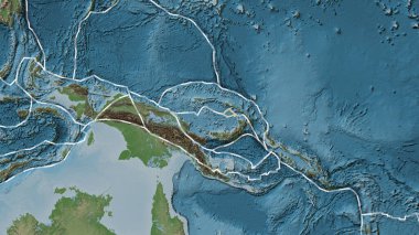 Manus tektonik plakasının alanı Fahey projeksiyonundaki soluk renkli yükseklik haritasında katı bir çizgiyle işaretlenmiş.