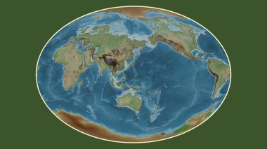 Fahey projeksiyonunda dünyanın soluk renkli yükseklik haritası Mariana tektonik plakasının merkezine dönüştürüldü