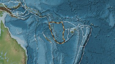 New Hebrides tektonik plakasının alanı Fahey projeksiyonundaki soluk renkli yükseklik haritasında çizilmiş bir çizgi ile işaretlenmiş.