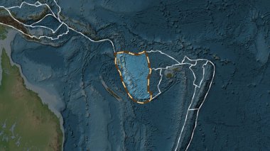 Yeni Hebrides tektonik plakasının alanı, Fahey projeksiyonundaki koyu renkli yükseklik haritasının arka planına çizilmiş bir çizgi ile işaretlenmiştir.