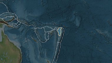 Fahey projeksiyonundaki topografiksel haritada Niuafo 'ou plakasının yakınındaki alanların tektonik plakalar sınırları