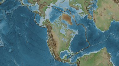 Kuzey Amerika tektonik plakasının alanı Fahey projeksiyonunda soluk renkli bir yükseklik haritasında çizilmiş bir çizgi ile işaretlenmiş.