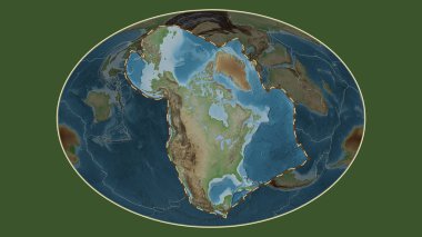 Kuzey Amerika tektonik tabakasının alanı Fahey projeksiyonundaki küresel soluk renkli yükseklik haritasından çıkarıldı ve özetlendi.