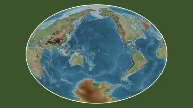 Fahey projeksiyonunda dünyanın soluk renkli yükseklik haritası Niuafo 'ou tektonik plakasının merkezine dönüştürüldü