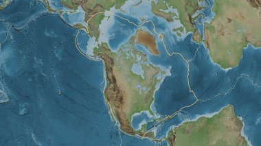 Kuzey Amerika tektonik plakasının alanı Fahey projeksiyonundaki soluk renkli yükseklik haritasında katı bir çizgiyle işaretlenmiş.