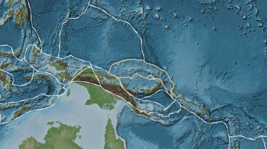 Kuzey Bismarck tektonik plakasının alanı Fahey projeksiyonunda soluk renkli bir yükseklik haritasında katı bir çizgiyle işaretlenmiş.