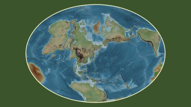 Fahey projeksiyonunda dünyanın soluk renkli yükseklik haritası Okhotsk tektonik plakasının merkezine dönüştürüldü