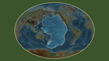 Fahey projeksiyonundaki topografiksel haritada Pasifik plaka alanına komşu bölgelerin tektonik plakalar sınırları