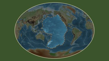 Pasifik tektonik plakasının alanı, Fahey projeksiyonunda koyu renkli bir yükseklik haritasının arka planına çizilmiş bir çizgi ile işaretlenmiş.